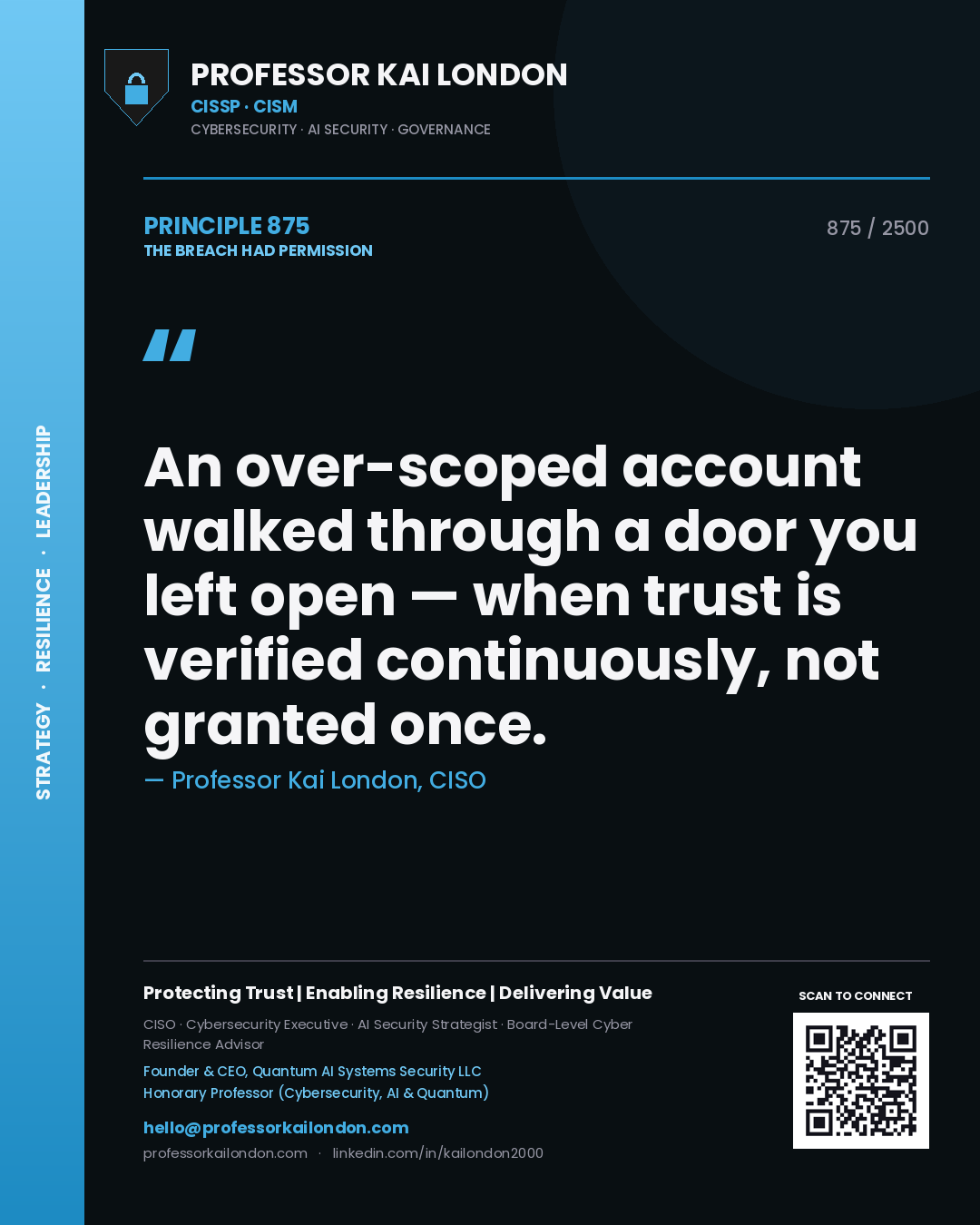 Professor Kai London principle 875: An over-scoped account walked through a door you left open — when trust is verified continuously, not granted once.