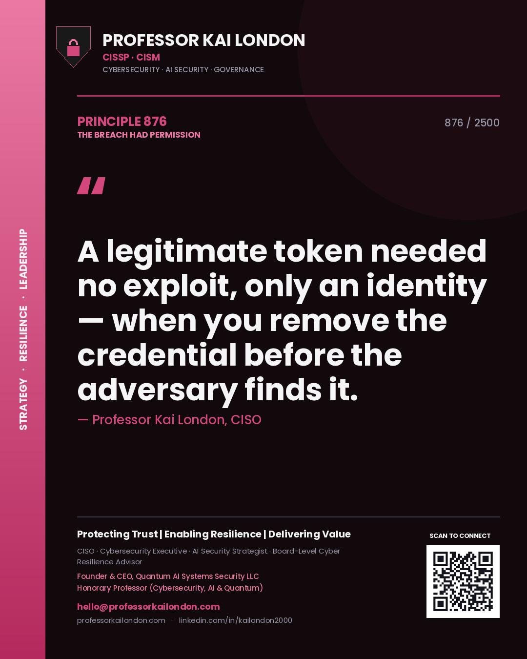 Quote card by Professor Kai London reading 'A legitimate token needed no exploit, only an identity — when you remove the credential before the adversary finds it.'. From the book The Breach Had Permission.