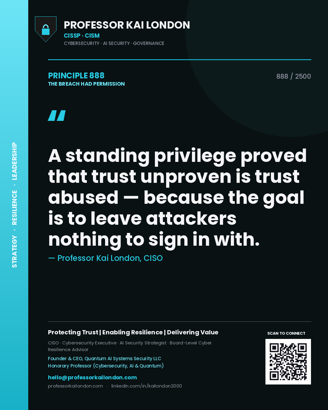 Professor Kai London principle 888: A standing privilege proved that trust unproven is trust abused — because the goal is to leave attackers nothing to sign in with.