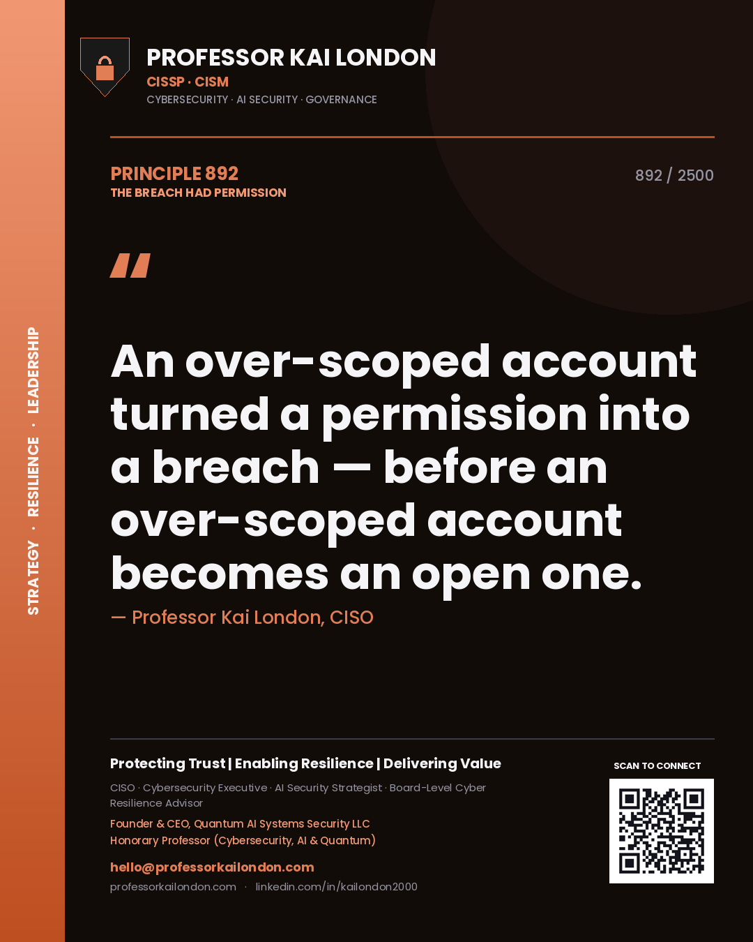Professor Kai London principle 892: An over-scoped account turned a permission into a breach — before an over-scoped account becomes an open one.