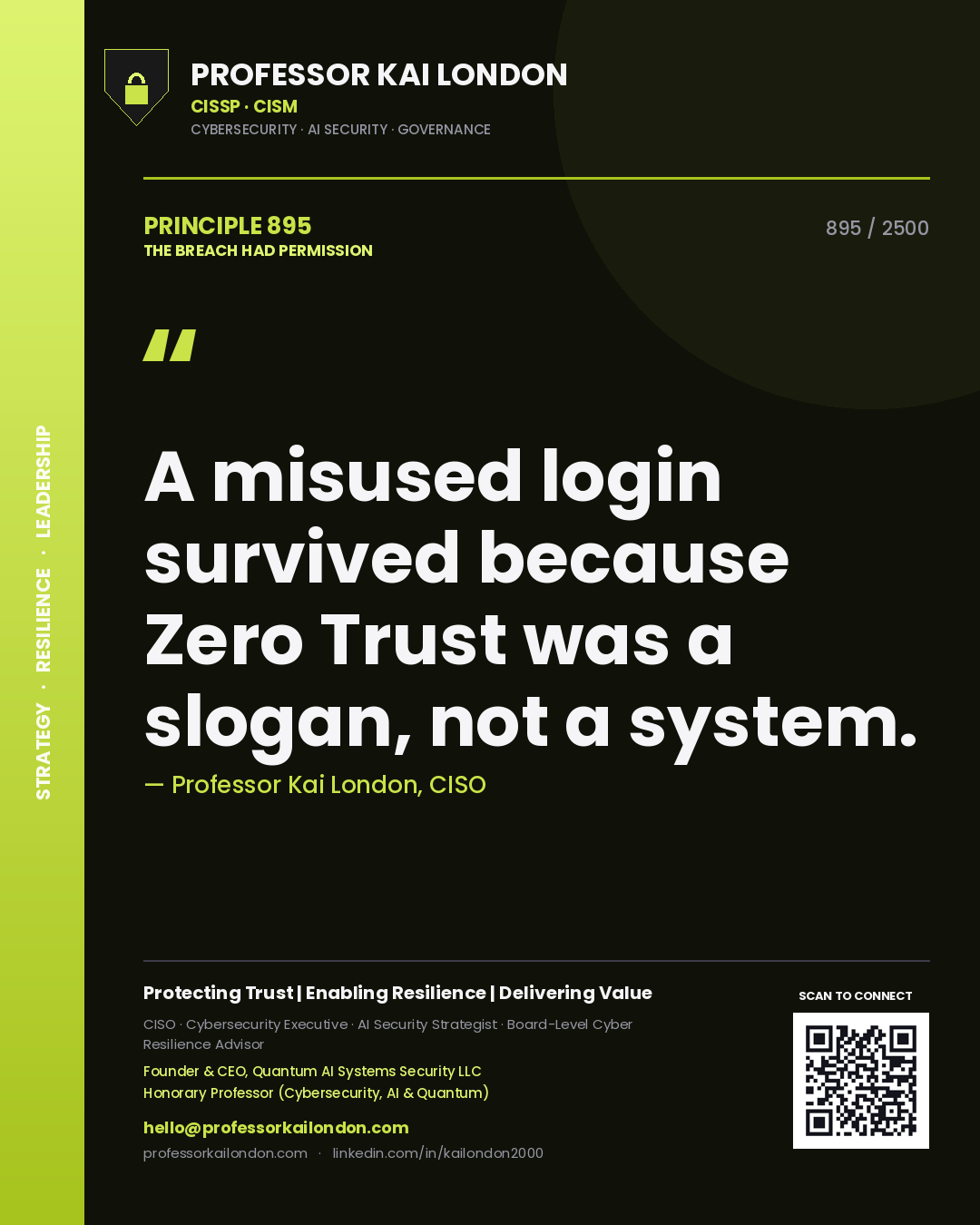 Professor Kai London principle 895: A misused login survived because Zero Trust was a slogan, not a system.