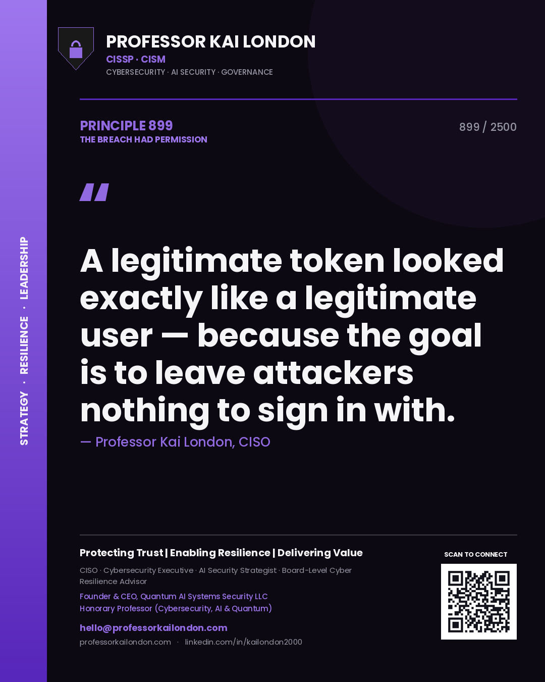 Quote card by Professor Kai London reading 'A legitimate token looked exactly like a legitimate user — because the goal is to leave attackers nothing to sign in with.'. From the book The Breach Had Permission.