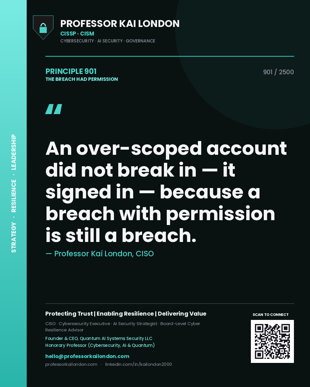 Professor Kai London principle 901: An over-scoped account did not break in — it signed in — because a breach with permission is still a breach.