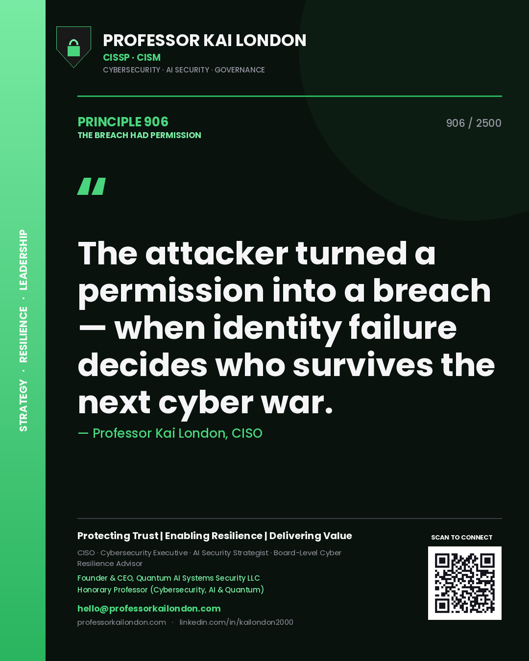 Professor Kai London principle 906: The attacker turned a permission into a breach — when identity failure decides who survives the next cyber war.