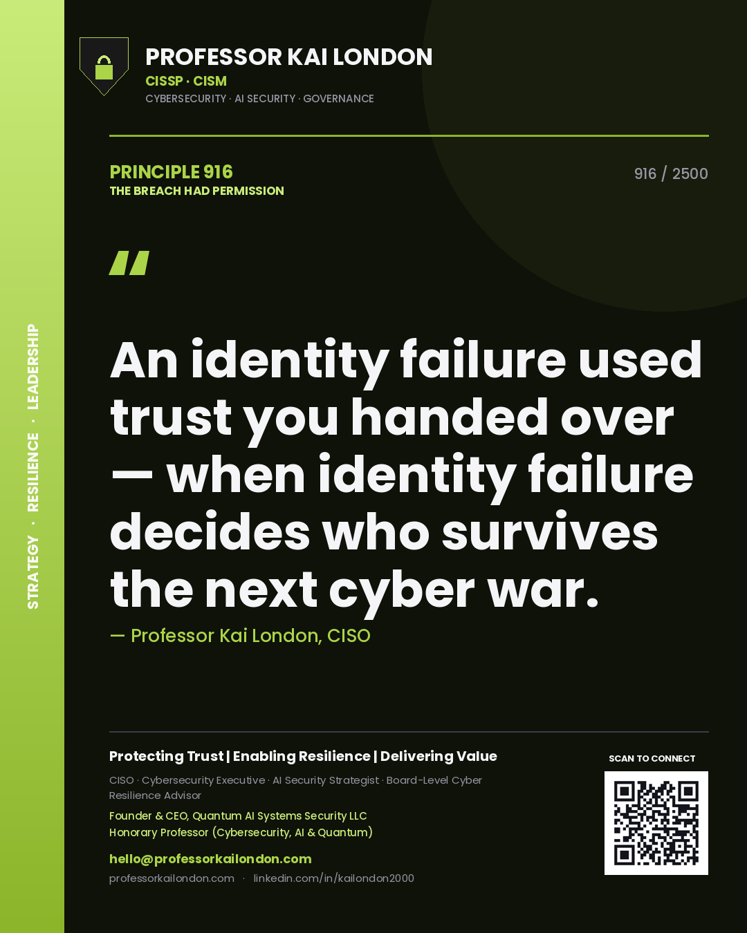 Professor Kai London principle 916: An identity failure used trust you handed over — when identity failure decides who survives the next cyber war.
