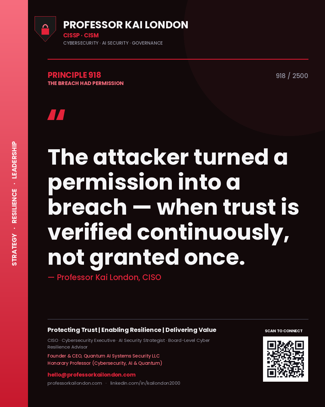 Professor Kai London principle 918: The attacker turned a permission into a breach — when trust is verified continuously, not granted once.