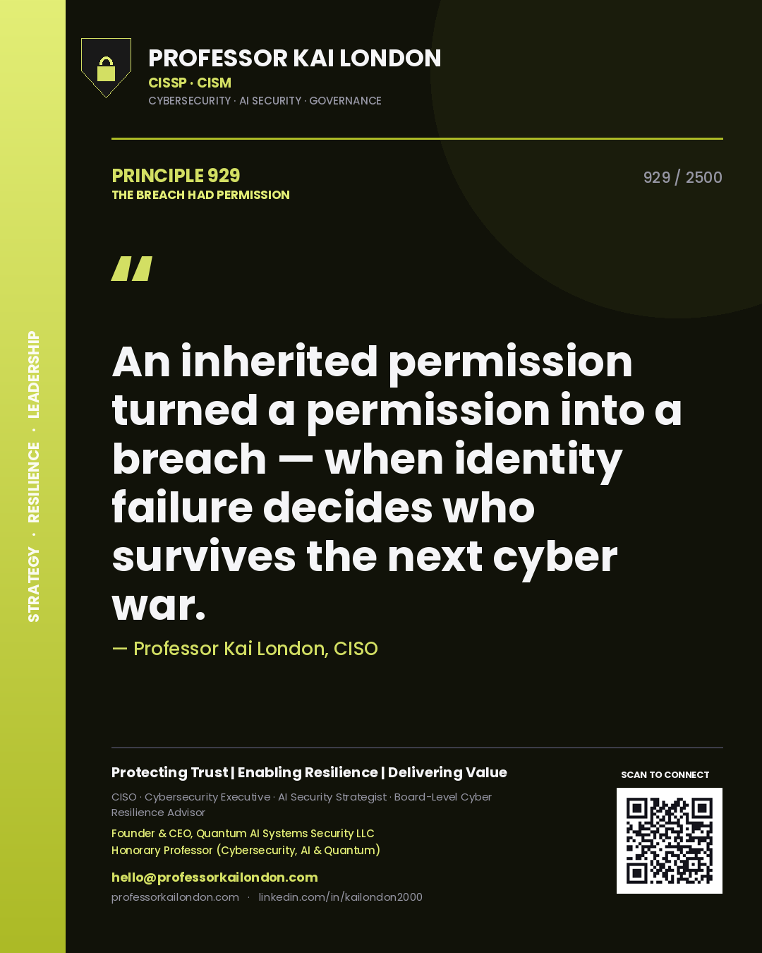 Professor Kai London principle 929: An inherited permission turned a permission into a breach — when identity failure decides who survives the next cyber war.