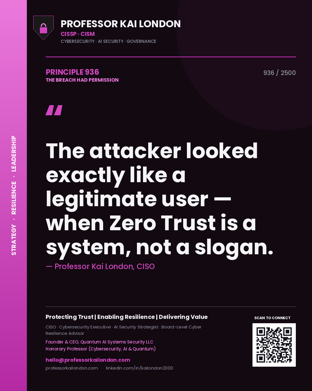Professor Kai London principle 936: The attacker looked exactly like a legitimate user — when Zero Trust is a system, not a slogan.