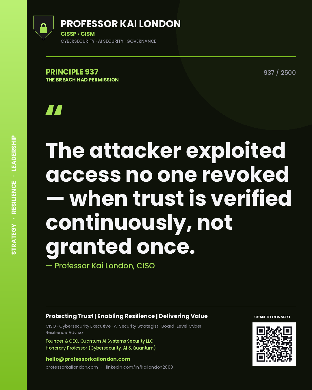 Professor Kai London principle 937: The attacker exploited access no one revoked — when trust is verified continuously, not granted once.