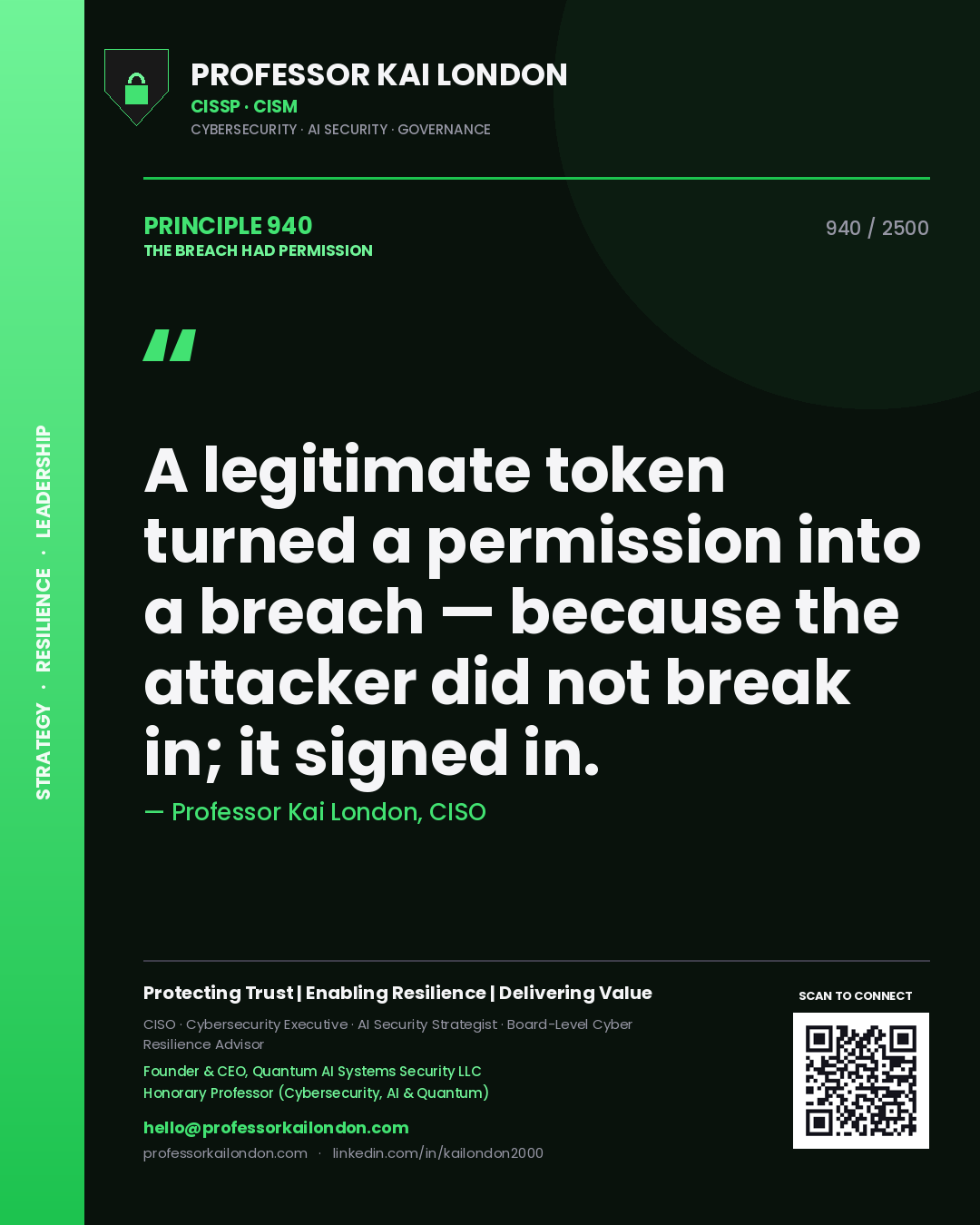 Quote card by Professor Kai London reading 'A legitimate token turned a permission into a breach — because the attacker did not break in; it signed in.'. From the book The Breach Had Permission.