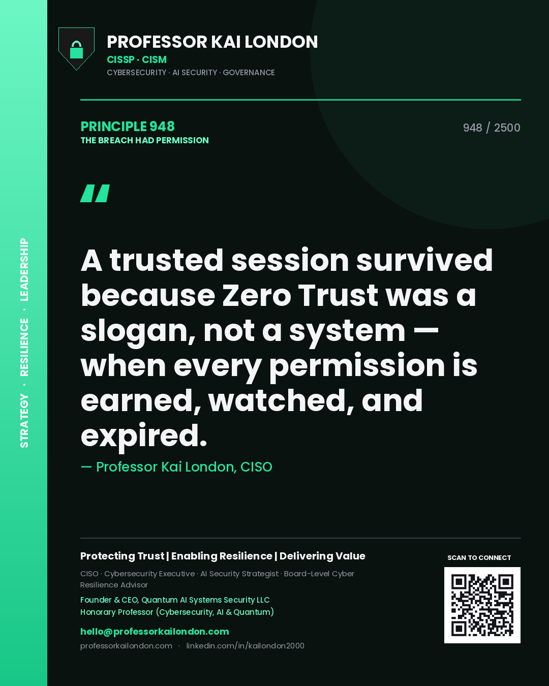 Professor Kai London principle 948: A trusted session survived because Zero Trust was a slogan, not a system — when every permission is earned, watched, and expired.