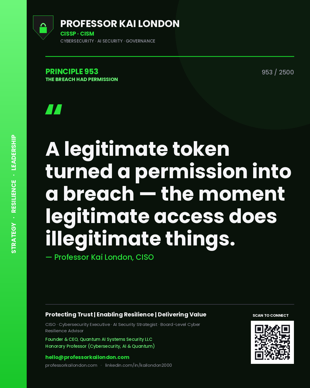 Quote card by Professor Kai London reading 'A legitimate token turned a permission into a breach — the moment legitimate access does illegitimate things.'. From the book The Breach Had Permission.