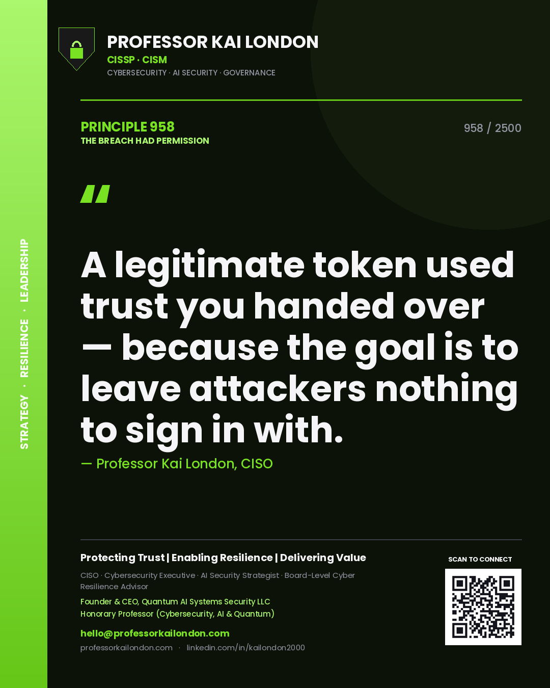 Quote card by Professor Kai London reading 'A legitimate token used trust you handed over — because the goal is to leave attackers nothing to sign in with.'. From the book The Breach Had Permission.