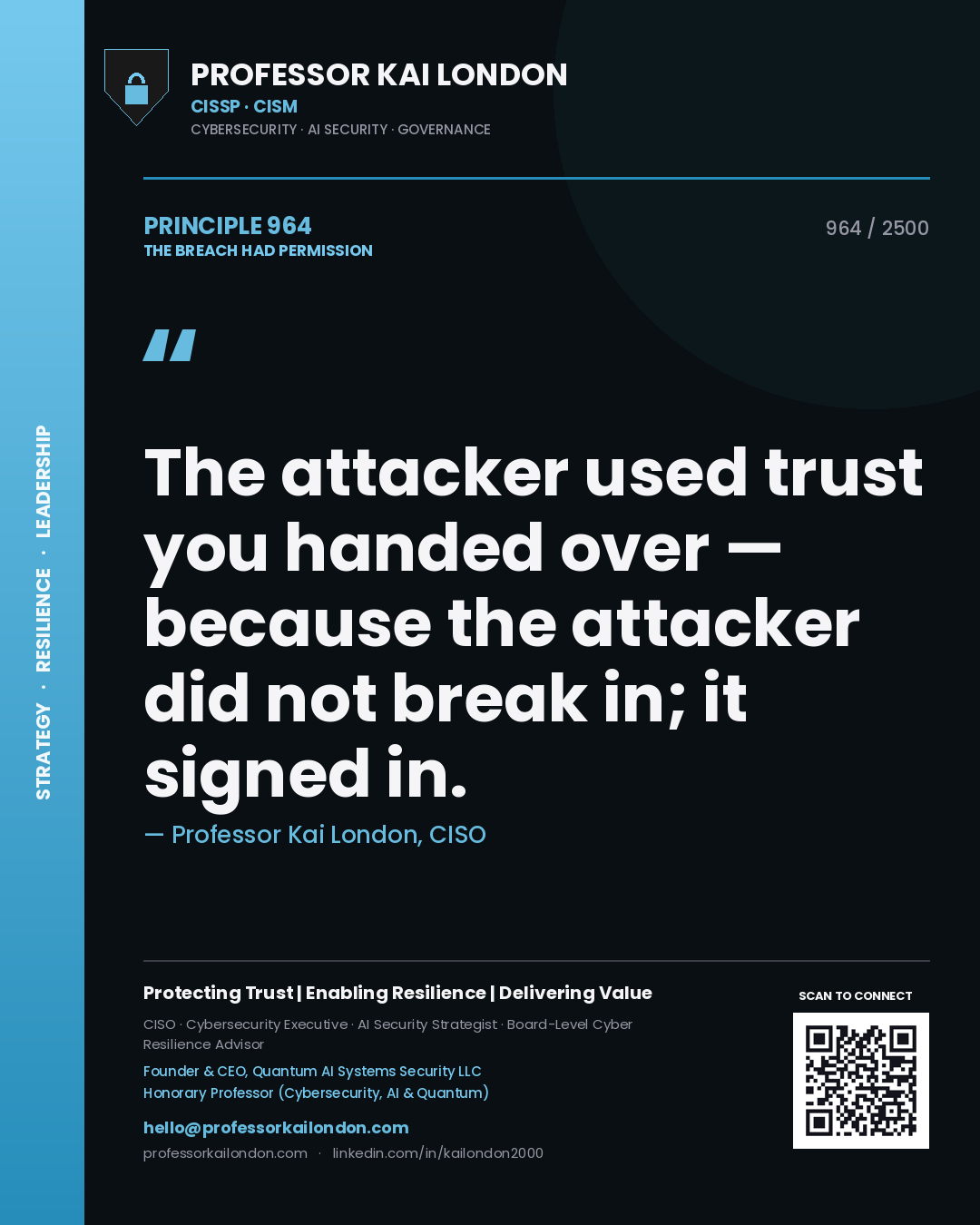 Quote card by Professor Kai London reading 'The attacker used trust you handed over — because the attacker did not break in; it signed in.'. From the book The Breach Had Permission.