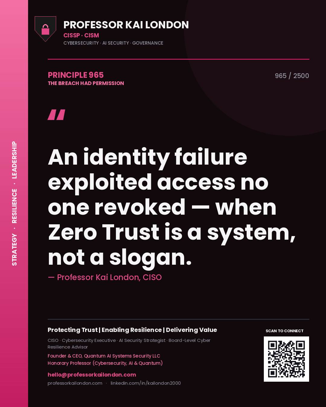 Quote card by Professor Kai London reading 'An identity failure exploited access no one revoked — when Zero Trust is a system, not a slogan.'. From the book The Breach Had Permission.