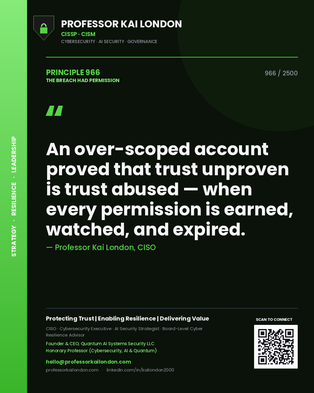 Professor Kai London principle 966: An over-scoped account proved that trust unproven is trust abused — when every permission is earned, watched, and expired.