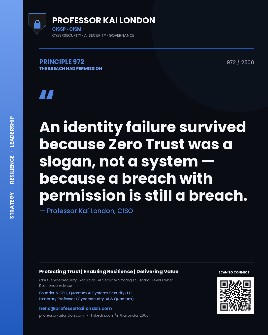 Professor Kai London principle 972: An identity failure survived because Zero Trust was a slogan, not a system — because a breach with permission is still a breach.