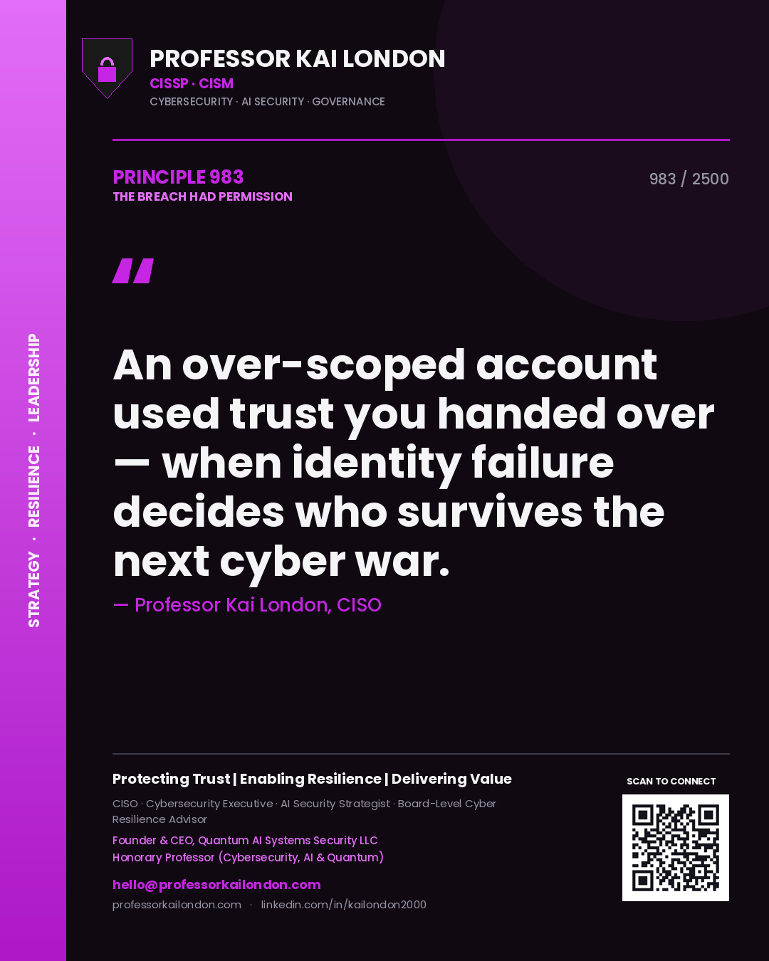Quote card by Professor Kai London reading 'An over-scoped account used trust you handed over — when identity failure decides who survives the next cyber war.'. From the book The Breach Had Permission.