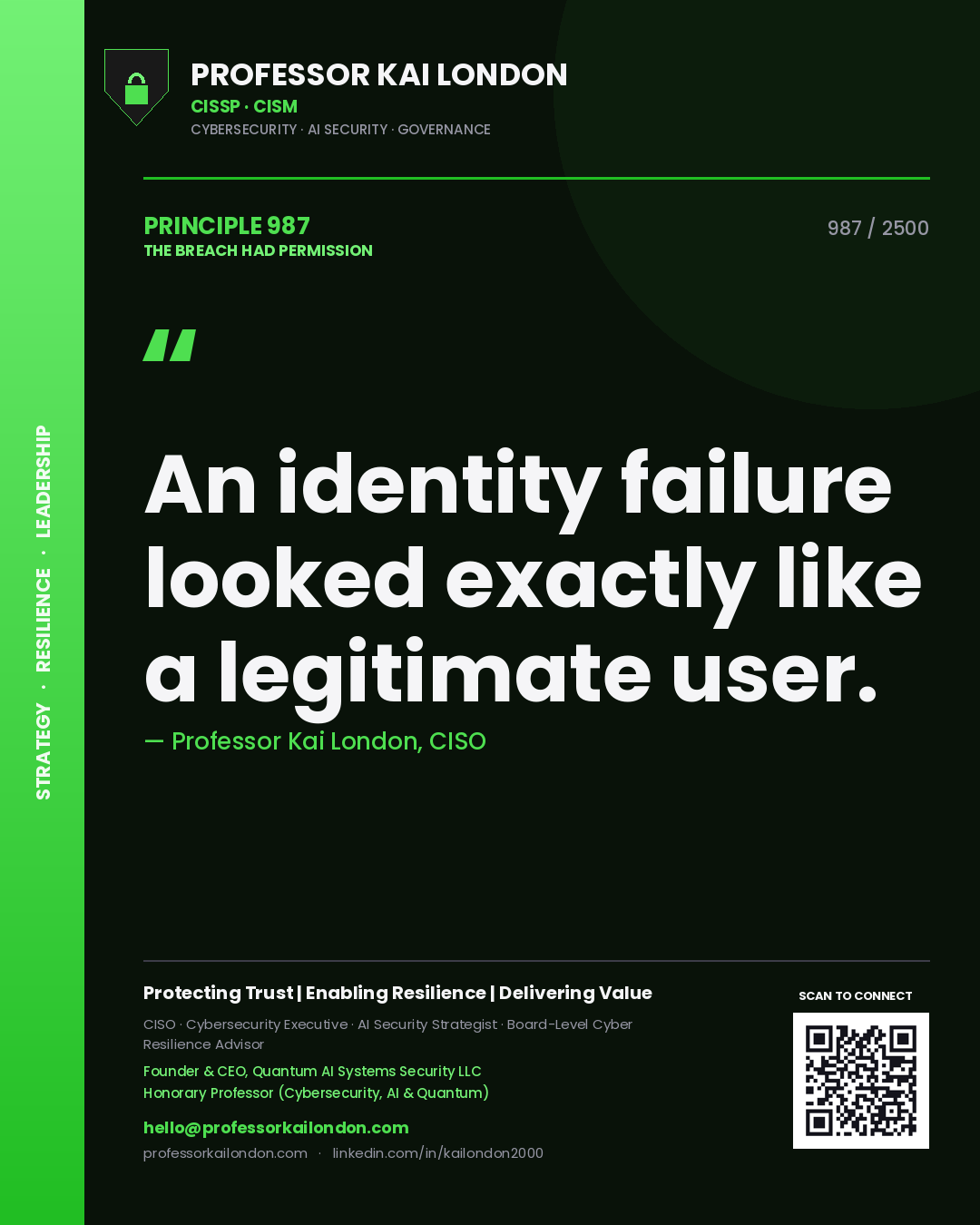 Professor Kai London principle 987: An identity failure looked exactly like a legitimate user.