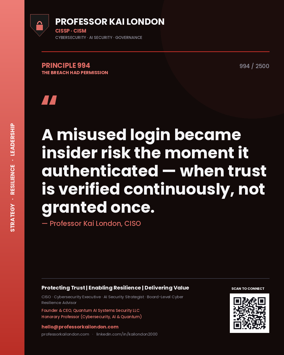 Professor Kai London principle 994: A misused login became insider risk the moment it authenticated — when trust is verified continuously, not granted once.