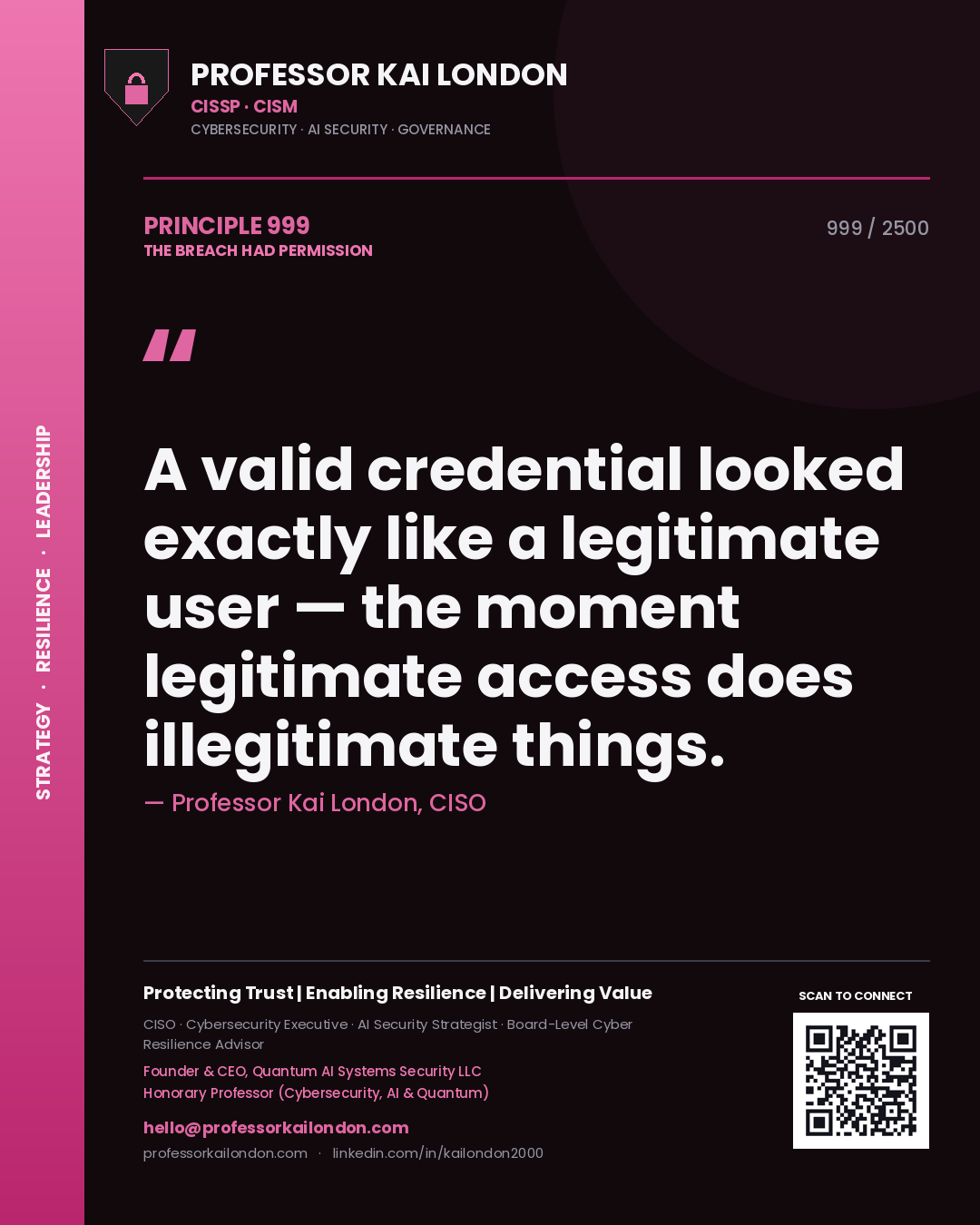 Quote card by Professor Kai London reading 'A valid credential looked exactly like a legitimate user — the moment legitimate access does illegitimate things.'. From the book The Breach Had Permission.