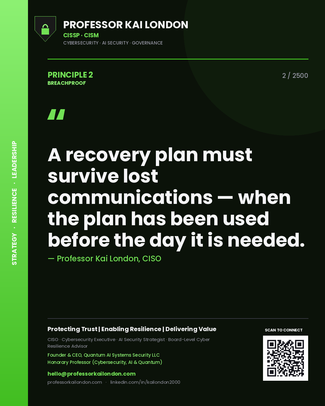 Quote card by Professor Kai London reading 'A recovery plan must survive lost communications — when the plan has been used before the day it is needed.'. From the book Breachproof.