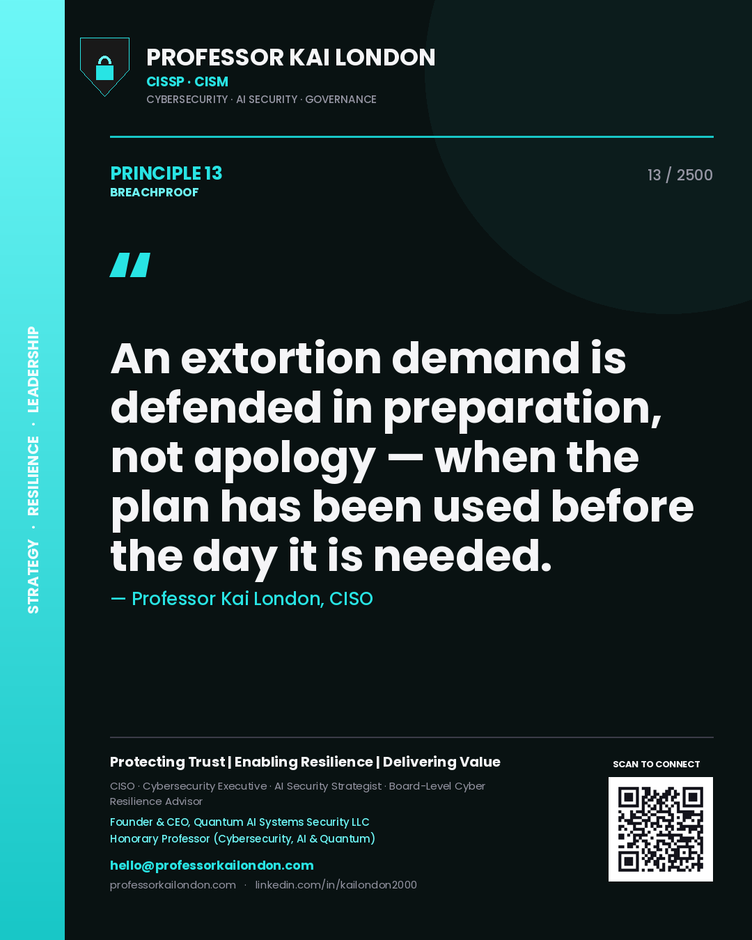 Quote card by Professor Kai London reading 'An extortion demand is defended in preparation, not apology — when the plan has been used before the day it is needed.'. From the book Breachproof.