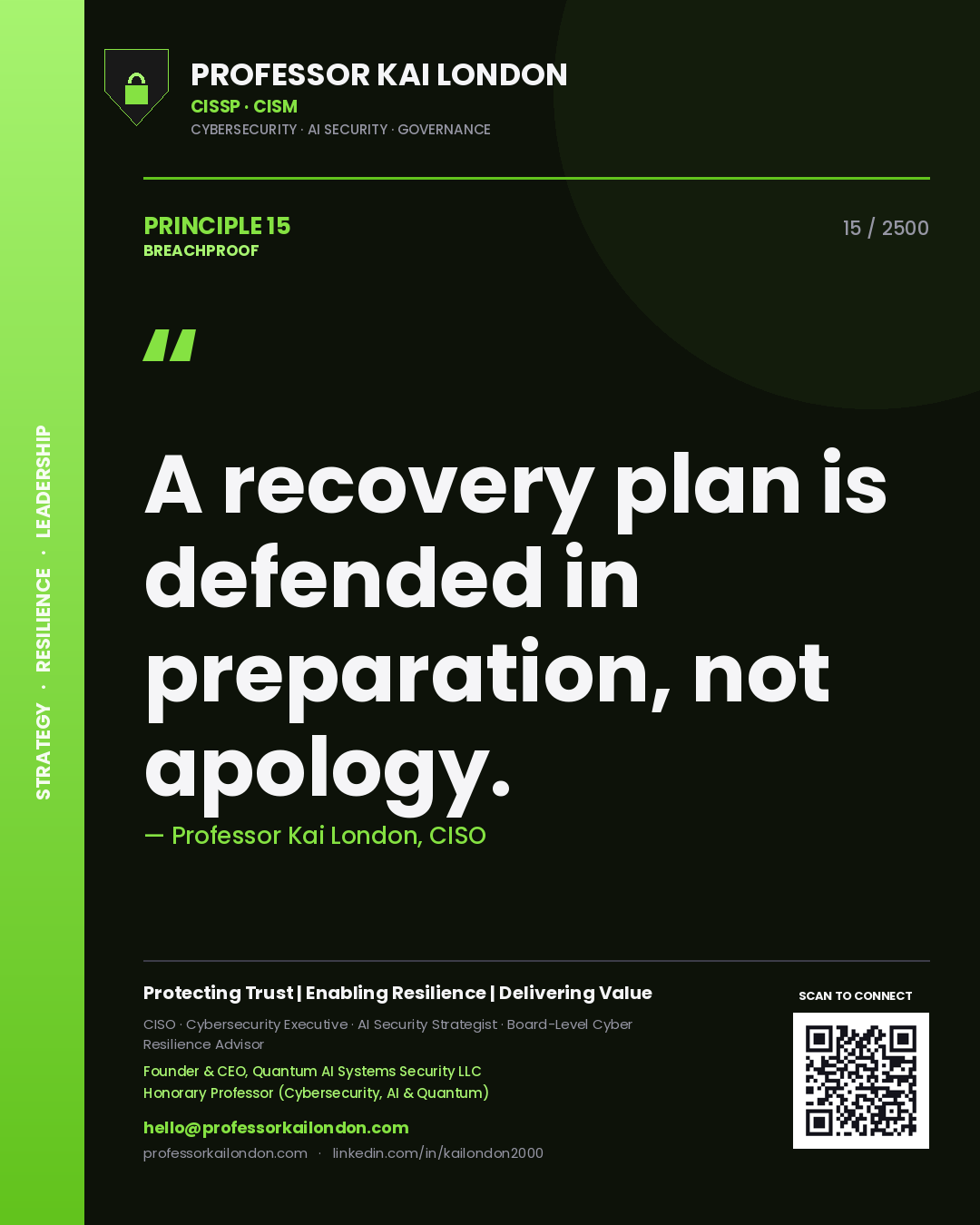 Quote card by Professor Kai London reading 'A recovery plan is defended in preparation, not apology.'. From the book Breachproof.