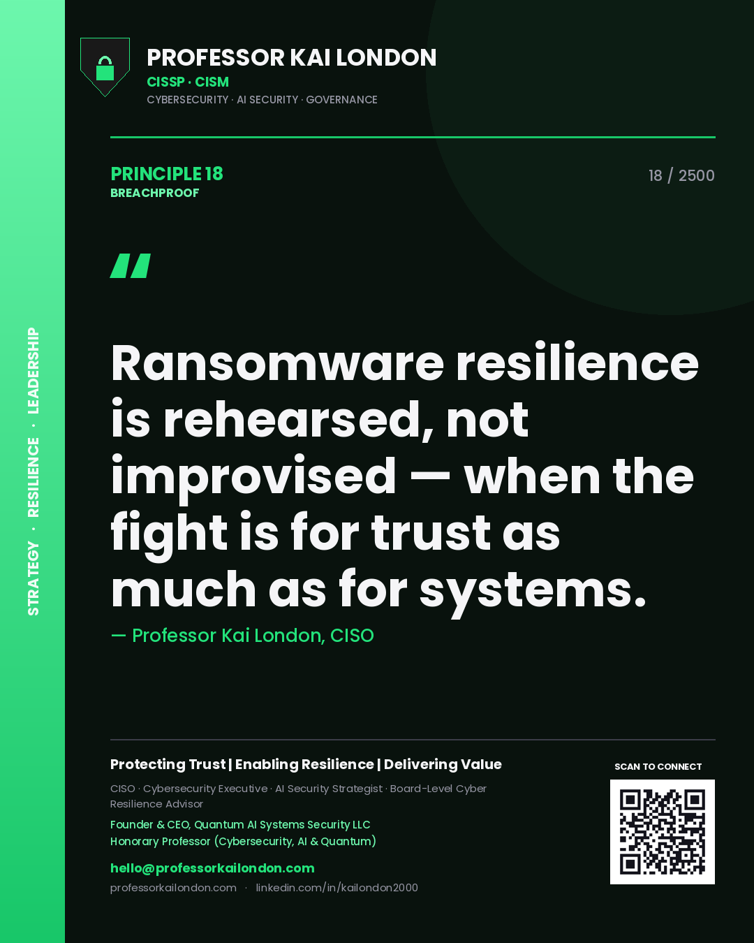 Professor Kai London principle 18: Ransomware resilience is rehearsed, not improvised — when the fight is for trust as much as for systems.