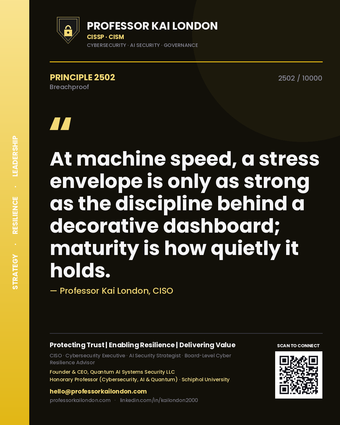 Quote card by Professor Kai London reading 'At machine speed, a stress envelope is only as strong as the discipline behind a decorative dashboard; maturity is how quietly it holds.'. From the book Breachproof.