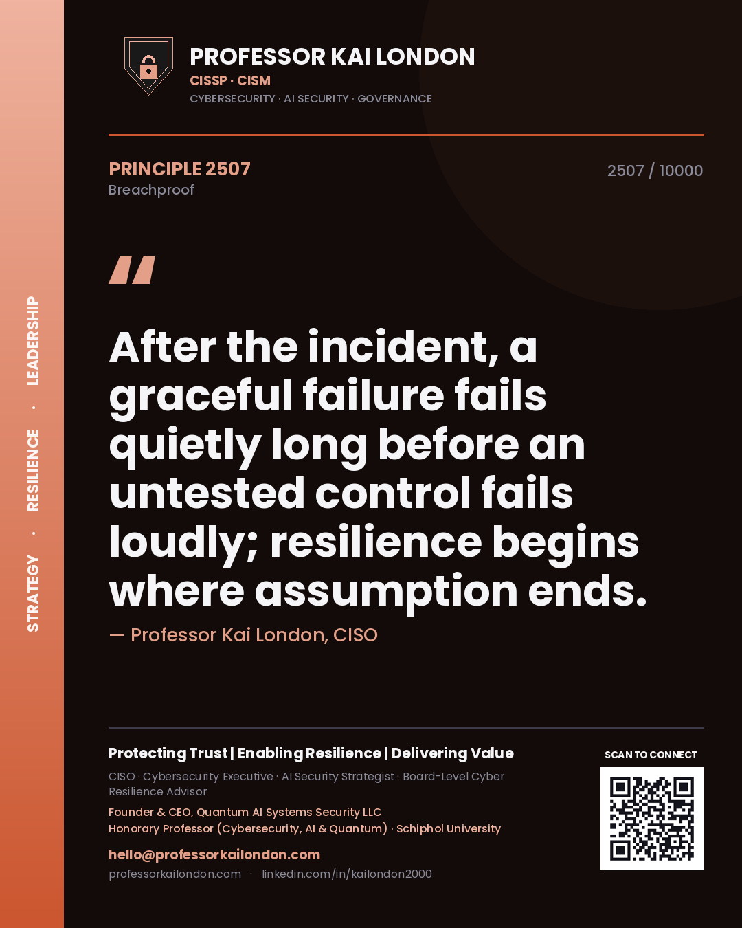 Quote card by Professor Kai London reading 'After the incident, a graceful failure fails quietly long before an untested control fails loudly; resilience begins where assumption ends.'. From the book Breachproof.