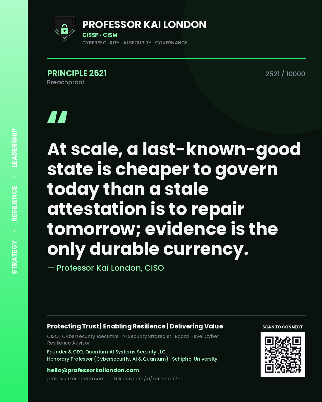 Quote card by Professor Kai London reading 'At scale, a last-known-good state is cheaper to govern today than a stale attestation is to repair tomorrow; evidence is the only durable currency.'. From the book Breachproof.