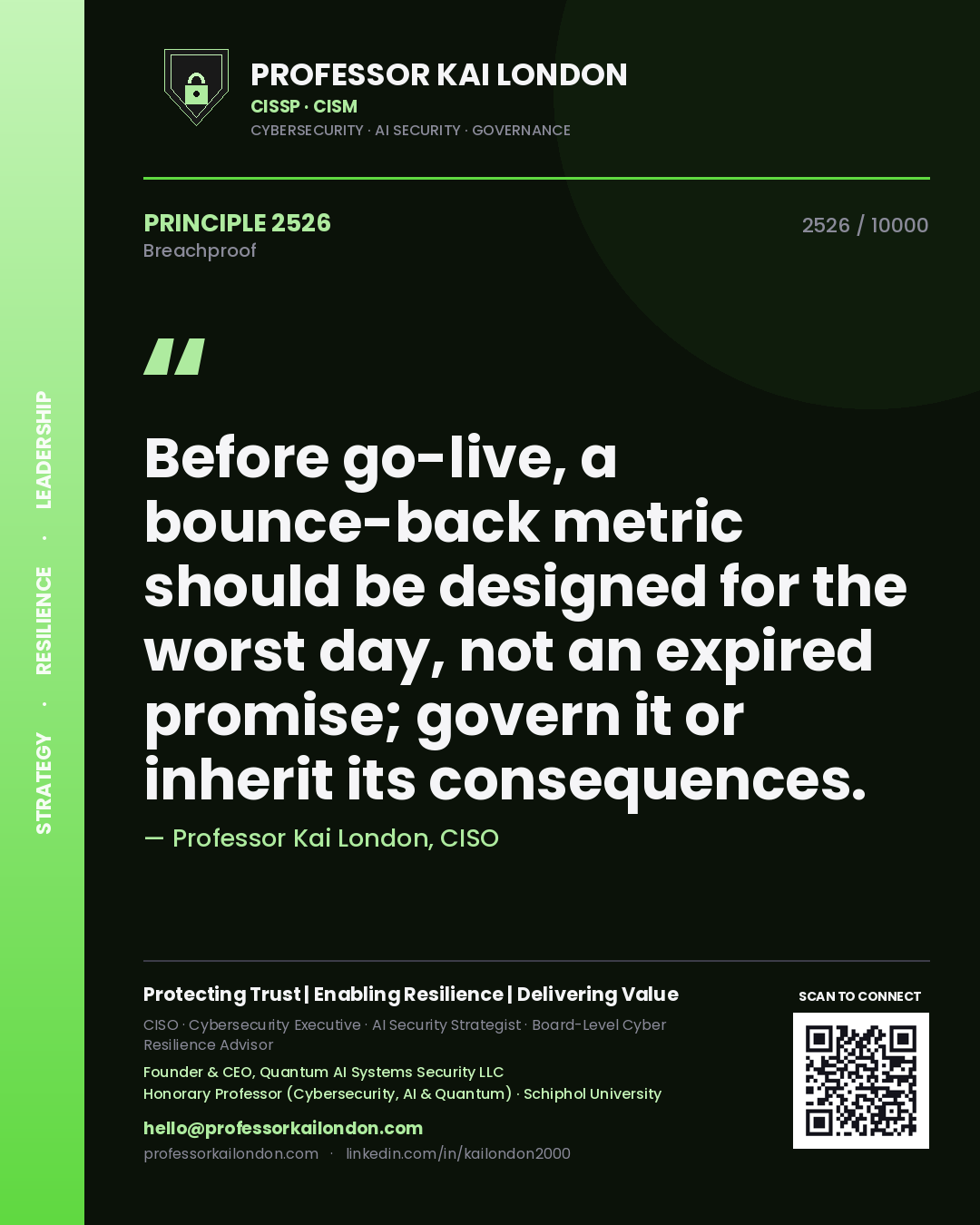 Professor Kai London principle 2526: Before go-live, a bounce-back metric should be designed for the worst day, not an expired promise; govern it or inherit its consequences.
