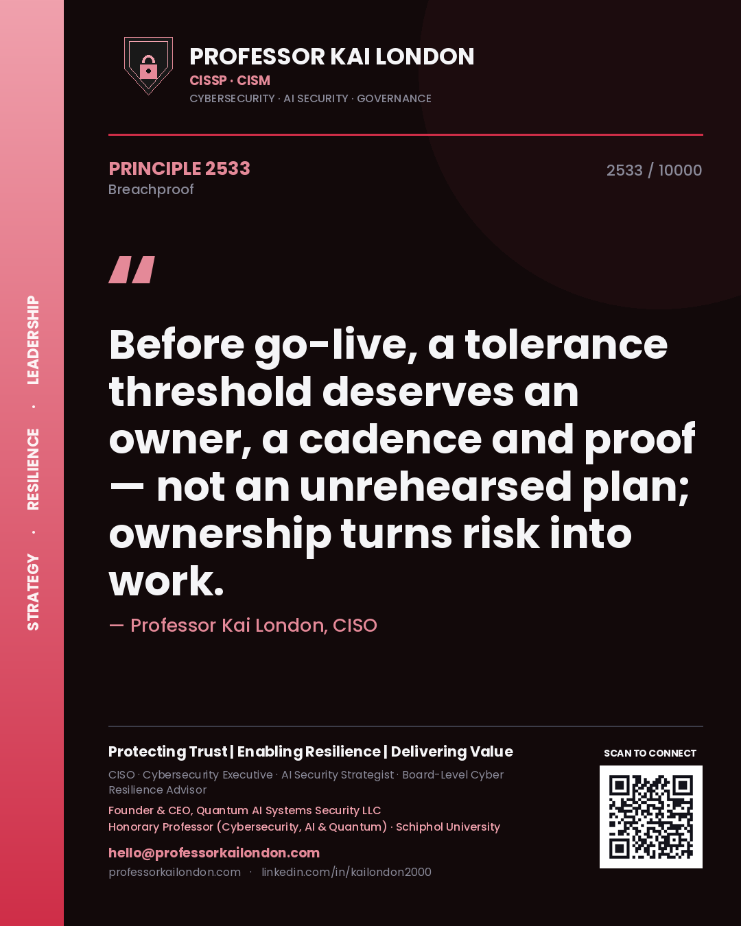 Quote card by Professor Kai London reading 'Before go-live, a tolerance threshold deserves an owner, a cadence and proof — not an unrehearsed plan; ownership turns risk into work.'. From the book Breachproof.