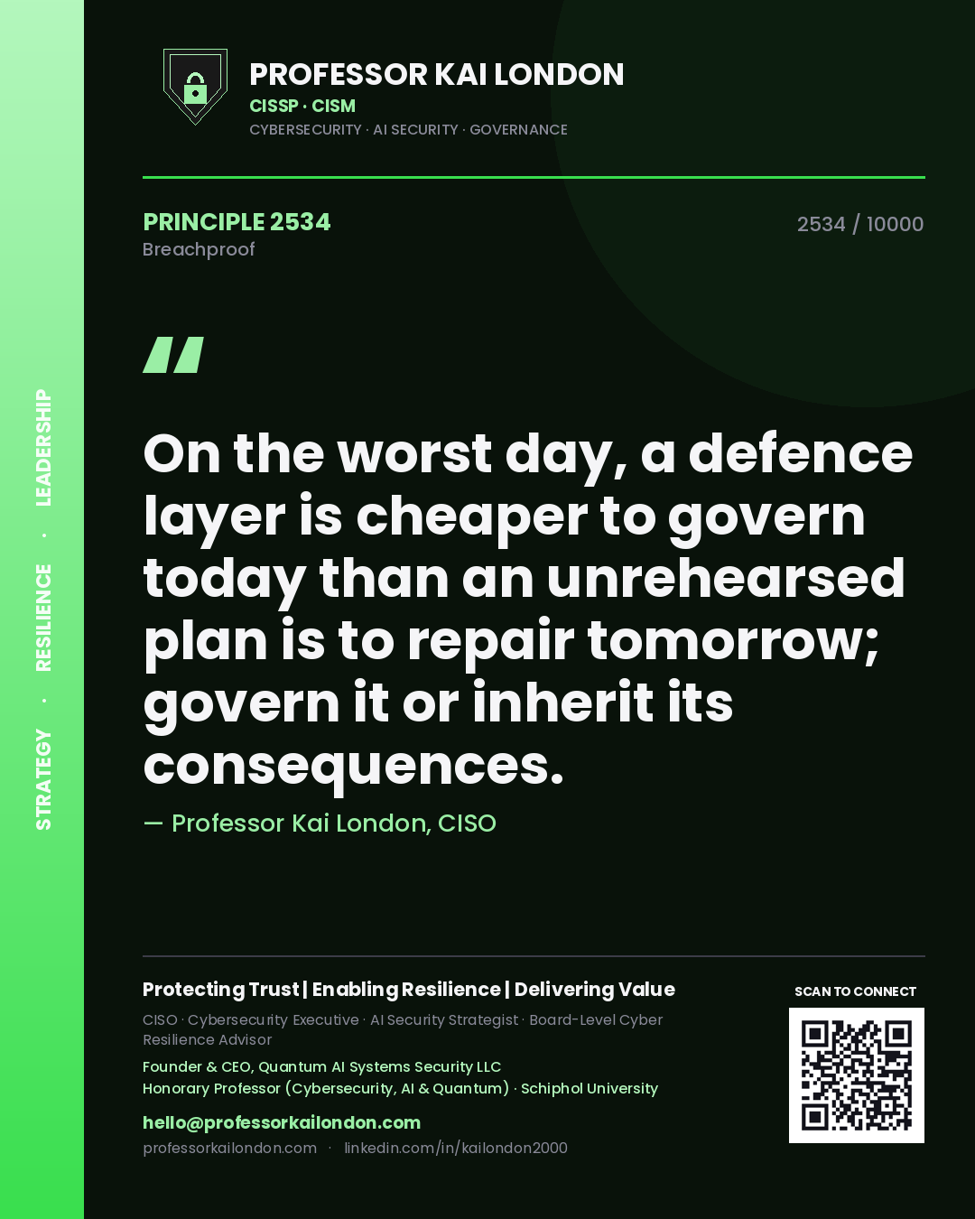 Quote card by Professor Kai London reading 'On the worst day, a defence layer is cheaper to govern today than an unrehearsed plan is to repair tomorrow; govern it or inherit its consequences.'. From the book Breachproof.