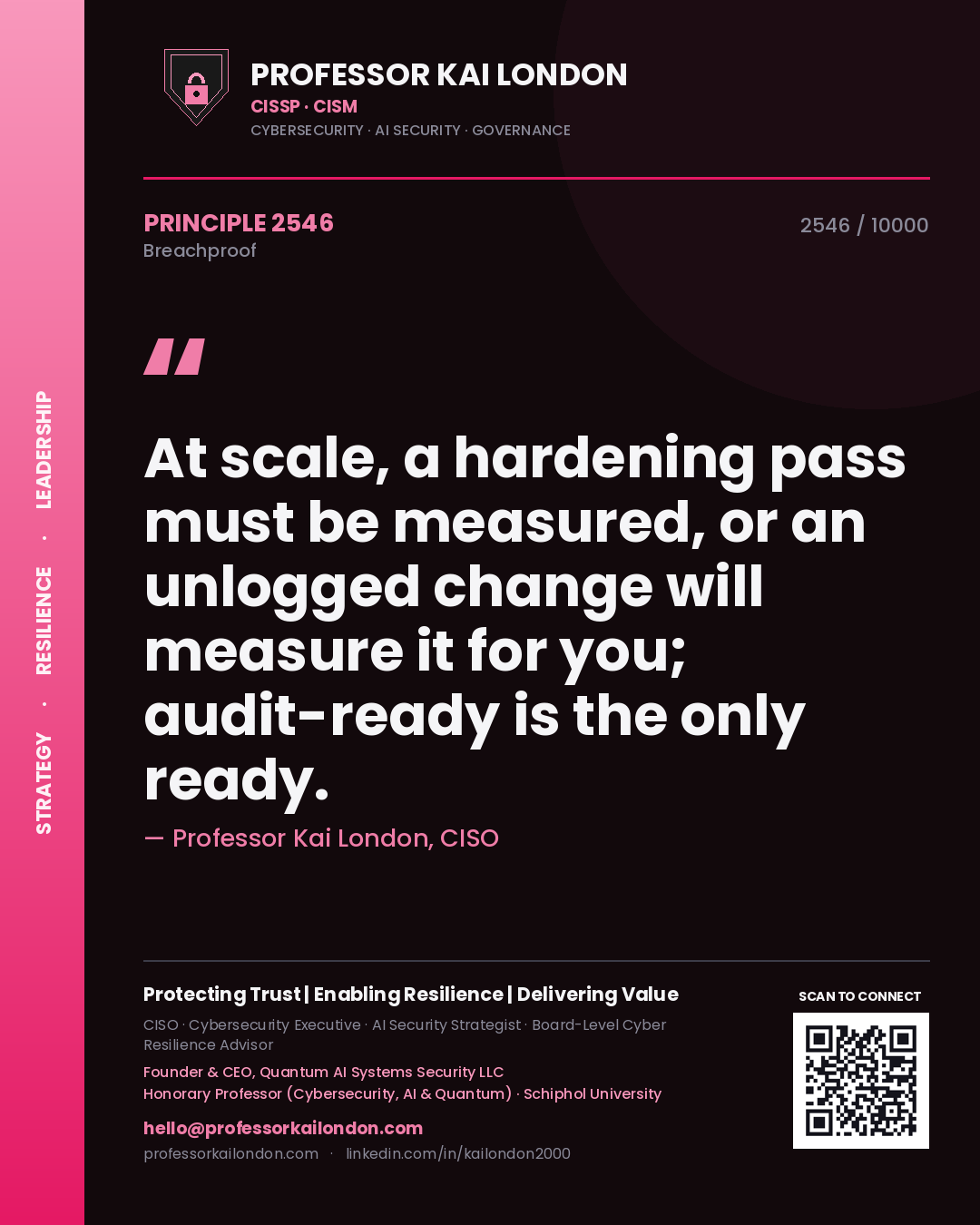 Quote card by Professor Kai London reading 'At scale, a hardening pass must be measured, or an unlogged change will measure it for you; audit-ready is the only ready.'. From the book Breachproof.
