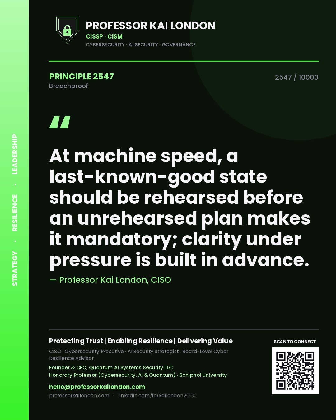 Quote card by Professor Kai London reading 'At machine speed, a last-known-good state should be rehearsed before an unrehearsed plan makes it mandatory; clarity under pressure is built in advance.'. From the book Breachproof.