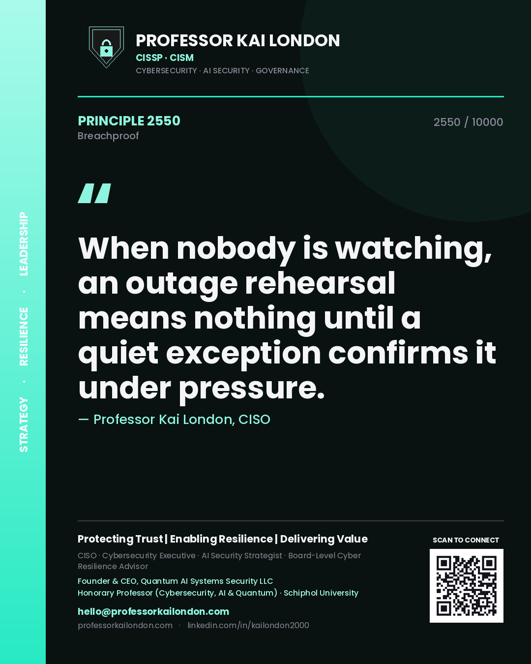 Quote card by Professor Kai London reading 'When nobody is watching, an outage rehearsal means nothing until a quiet exception confirms it under pressure.'. From the book Breachproof.