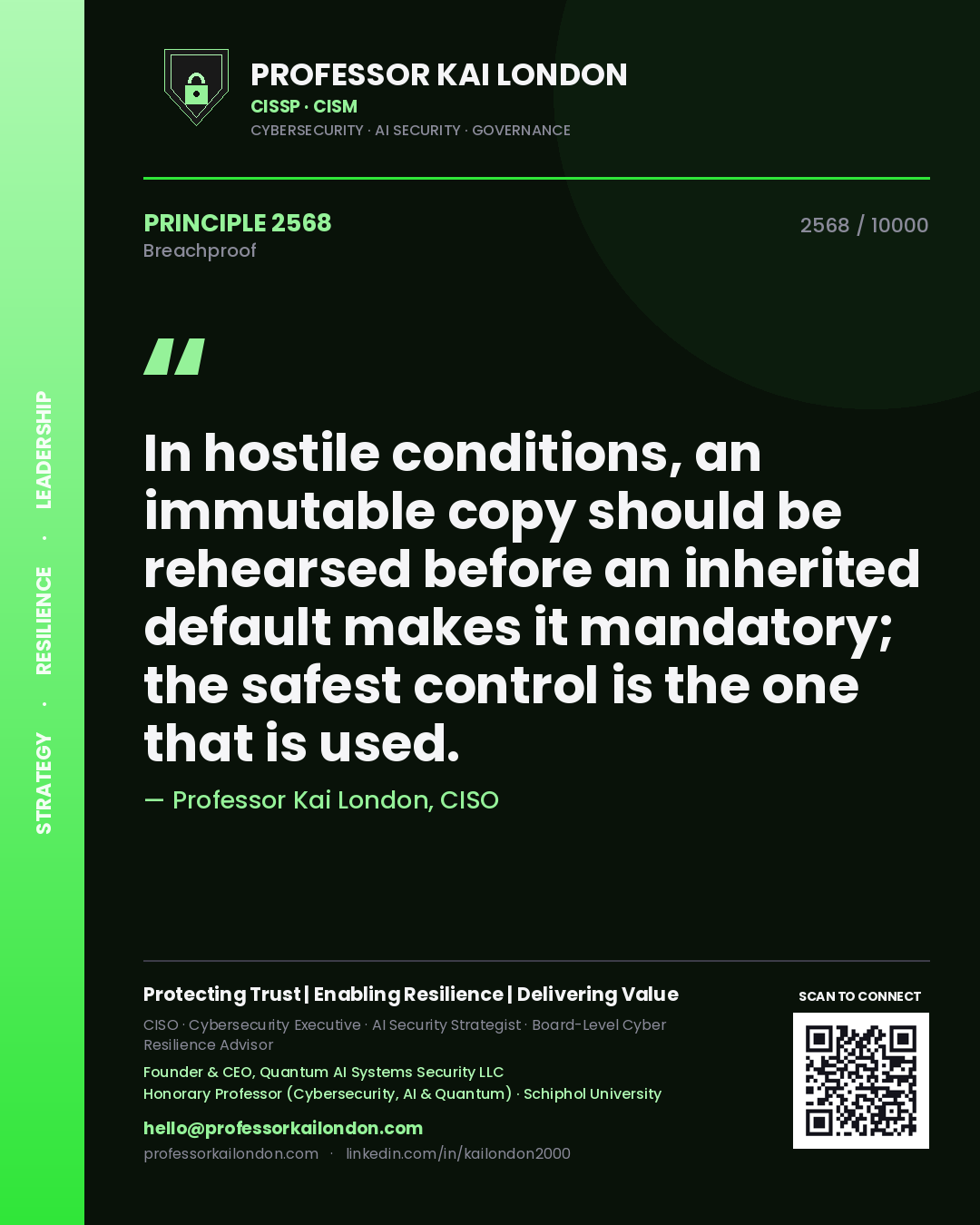 Quote card by Professor Kai London reading 'In hostile conditions, an immutable copy should be rehearsed before an inherited default makes it mandatory; the safest control is the one that is used.'. From the book Breachproof.
