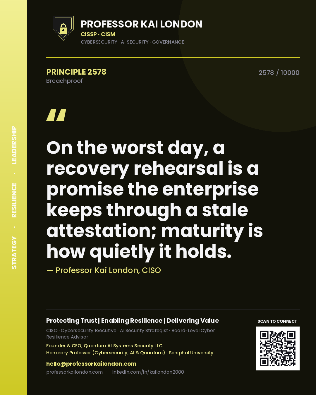 Quote card by Professor Kai London reading 'On the worst day, a recovery rehearsal is a promise the enterprise keeps through a stale attestation; maturity is how quietly it holds.'. From the book Breachproof.