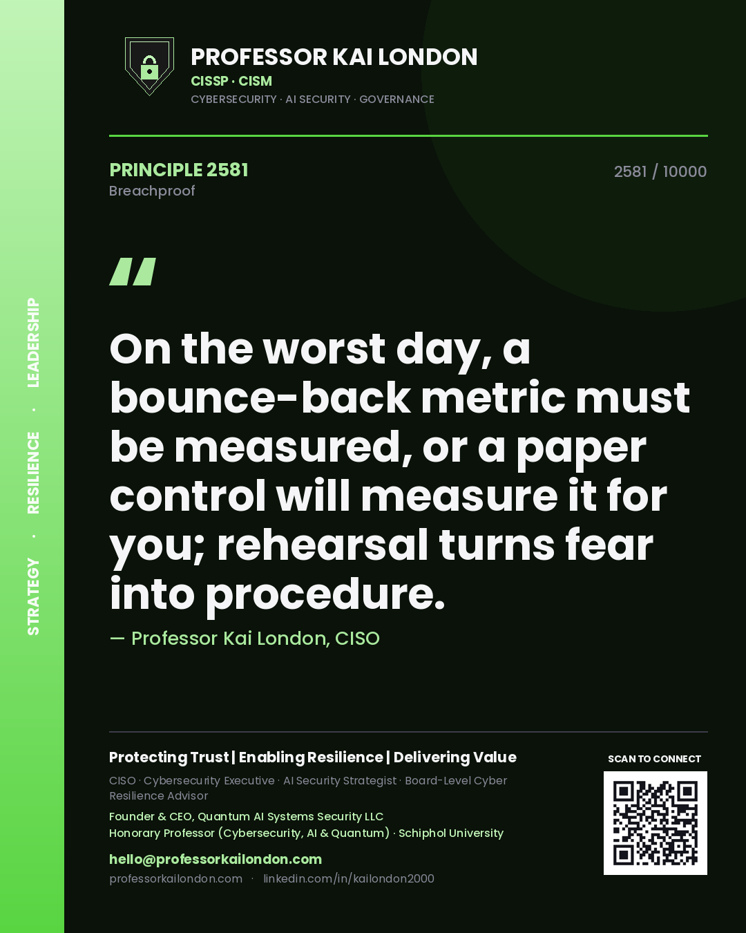 Quote card by Professor Kai London reading 'On the worst day, a bounce-back metric must be measured, or a paper control will measure it for you; rehearsal turns fear into procedure.'. From the book Breachproof.