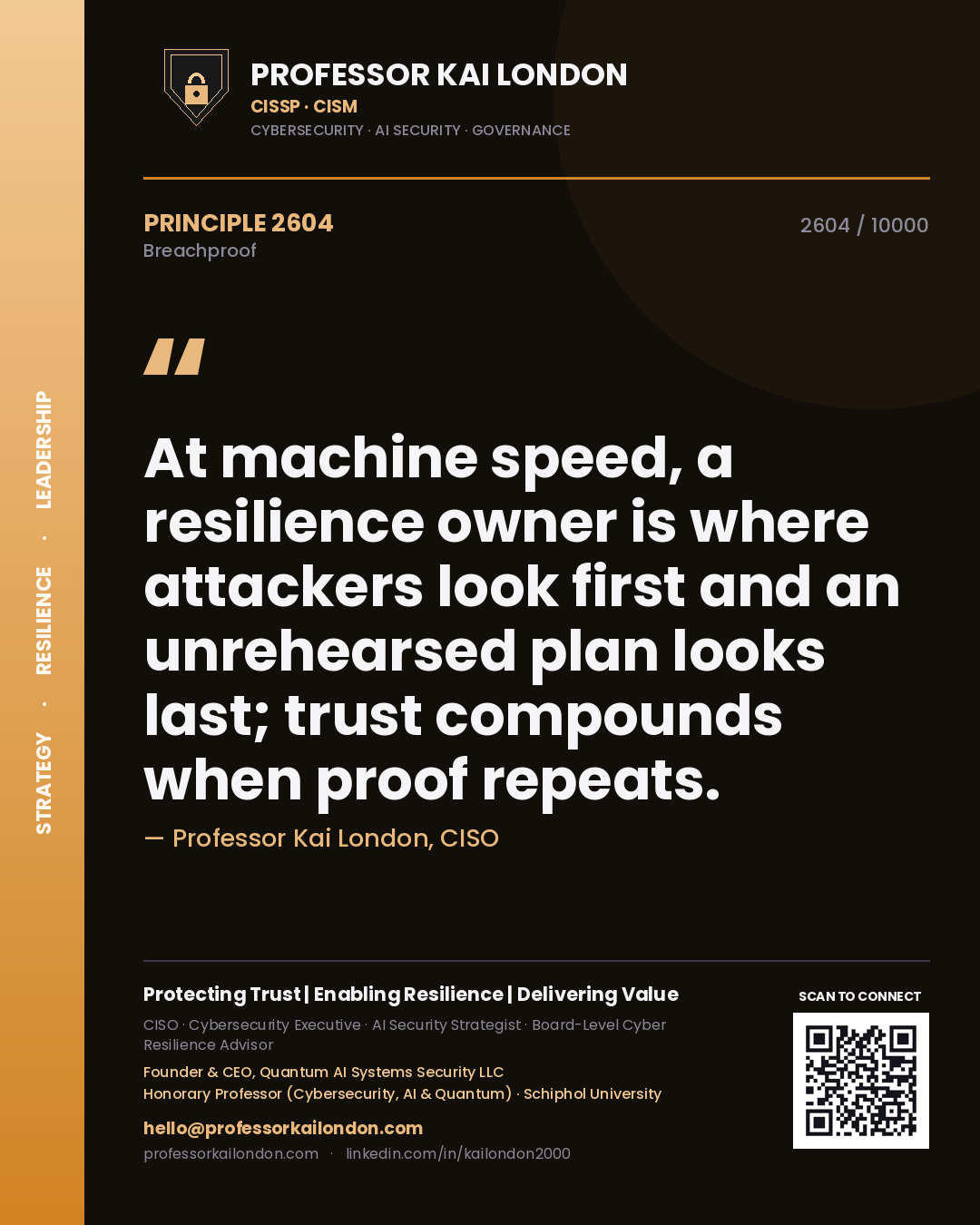 Quote card by Professor Kai London reading 'At machine speed, a resilience owner is where attackers look first and an unrehearsed plan looks last; trust compounds when proof repeats.'. From the book Breachproof.