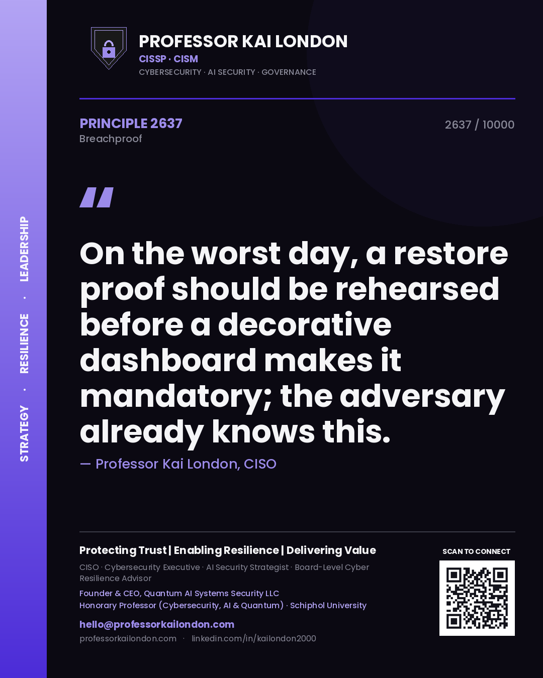 Quote card by Professor Kai London reading 'On the worst day, a restore proof should be rehearsed before a decorative dashboard makes it mandatory; the adversary already knows this.'. From the book Breachproof.