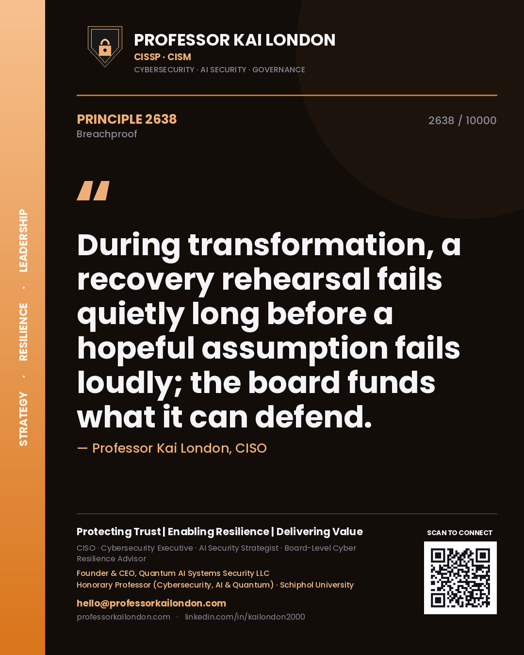 Quote card by Professor Kai London reading 'During transformation, a recovery rehearsal fails quietly long before a hopeful assumption fails loudly; the board funds what it can defend.'. From the book Breachproof.