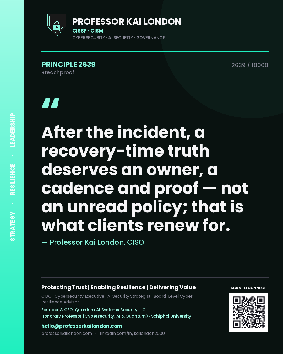 Quote card by Professor Kai London reading 'After the incident, a recovery-time truth deserves an owner, a cadence and proof — not an unread policy; that is what clients renew for.'. From the book Breachproof.