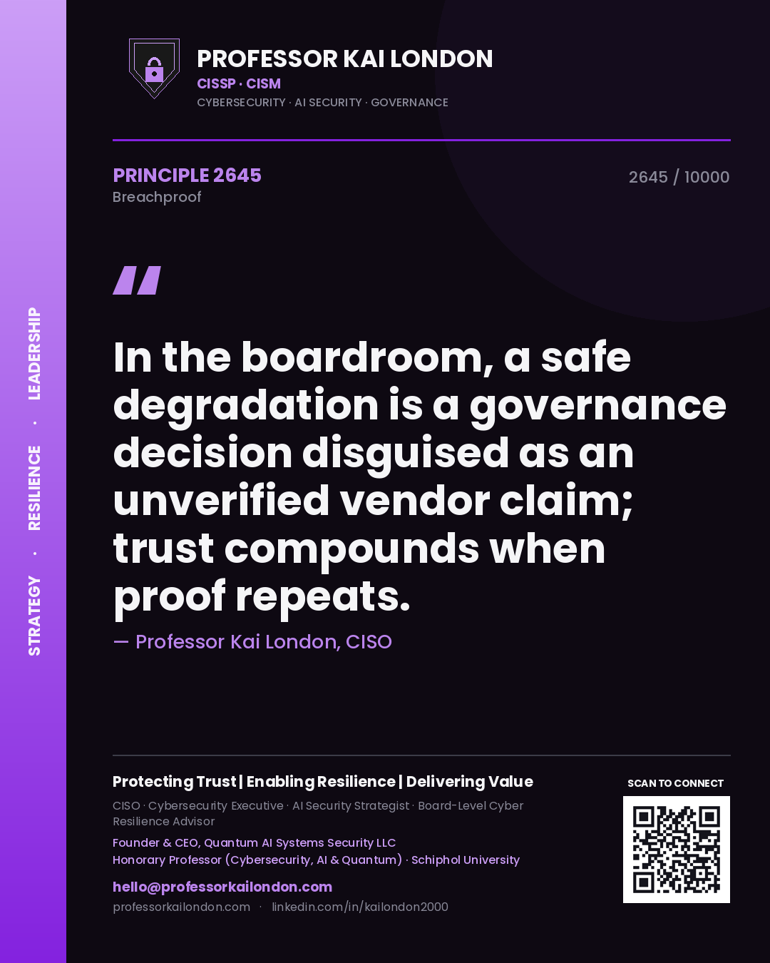 Quote card by Professor Kai London reading 'In the boardroom, a safe degradation is a governance decision disguised as an unverified vendor claim; trust compounds when proof repeats.'. From the book Breachproof.