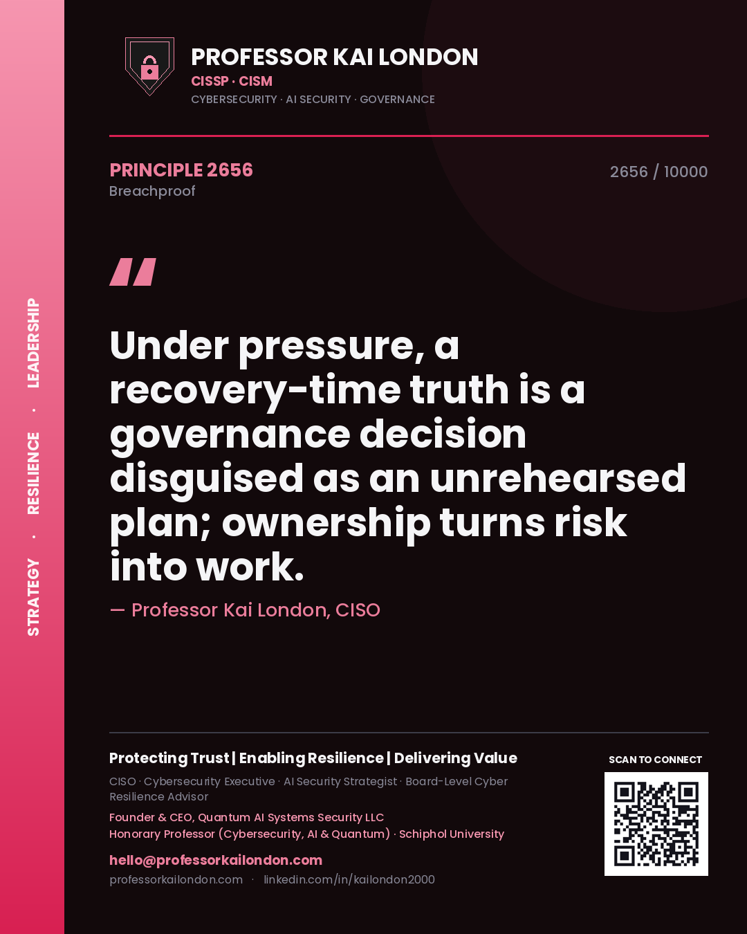 Quote card by Professor Kai London reading 'Under pressure, a recovery-time truth is a governance decision disguised as an unrehearsed plan; ownership turns risk into work.'. From the book Breachproof.
