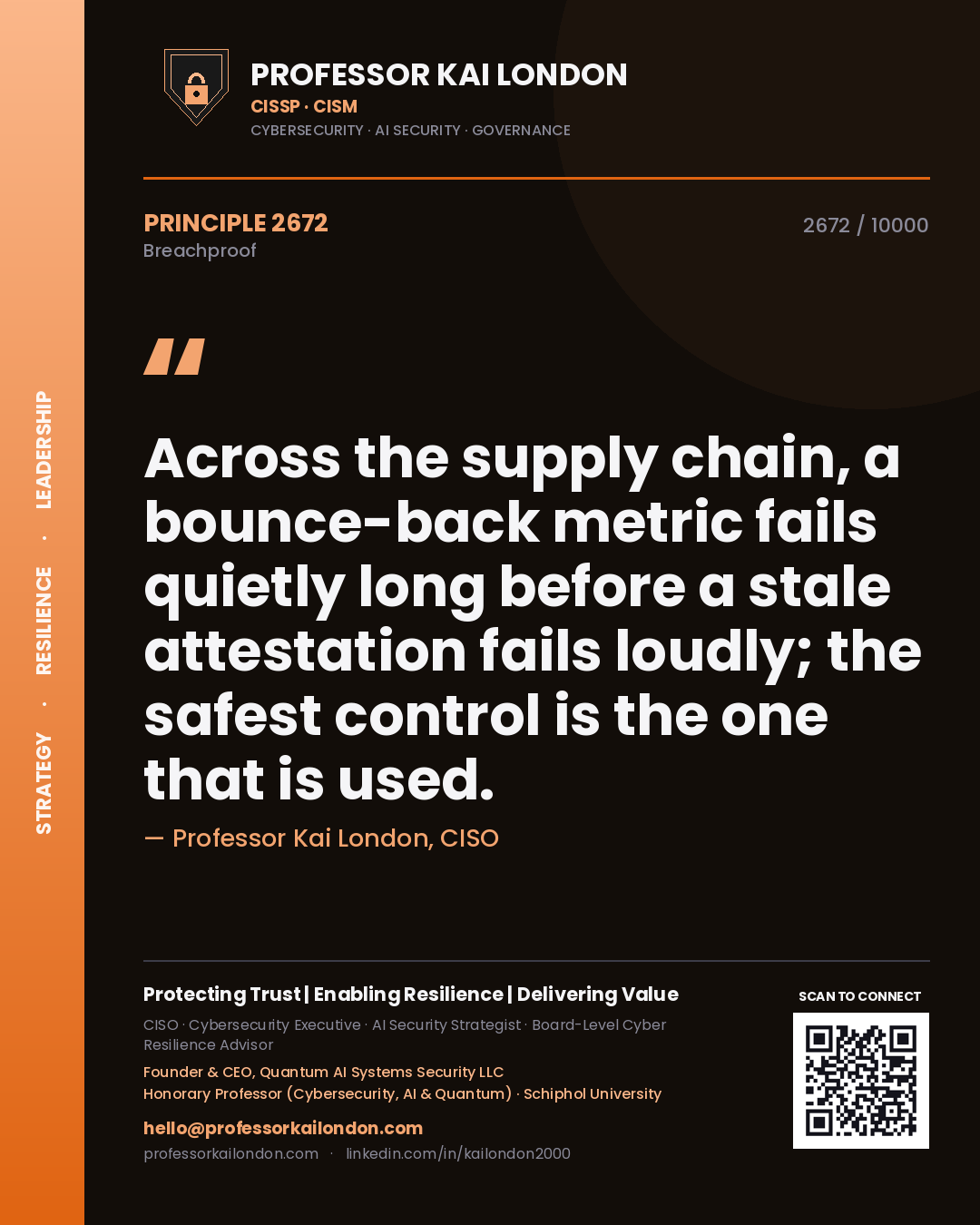 Quote card by Professor Kai London reading 'Across the supply chain, a bounce-back metric fails quietly long before a stale attestation fails loudly; the safest control is the one that is used.'. From the book Breachproof.