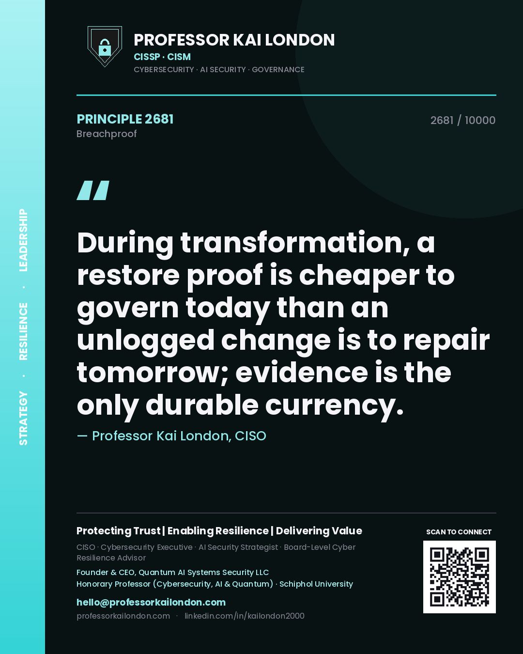 Professor Kai London principle 2681: During transformation, a restore proof is cheaper to govern today than an unlogged change is to repair tomorrow; evidence is the only durable currency.
