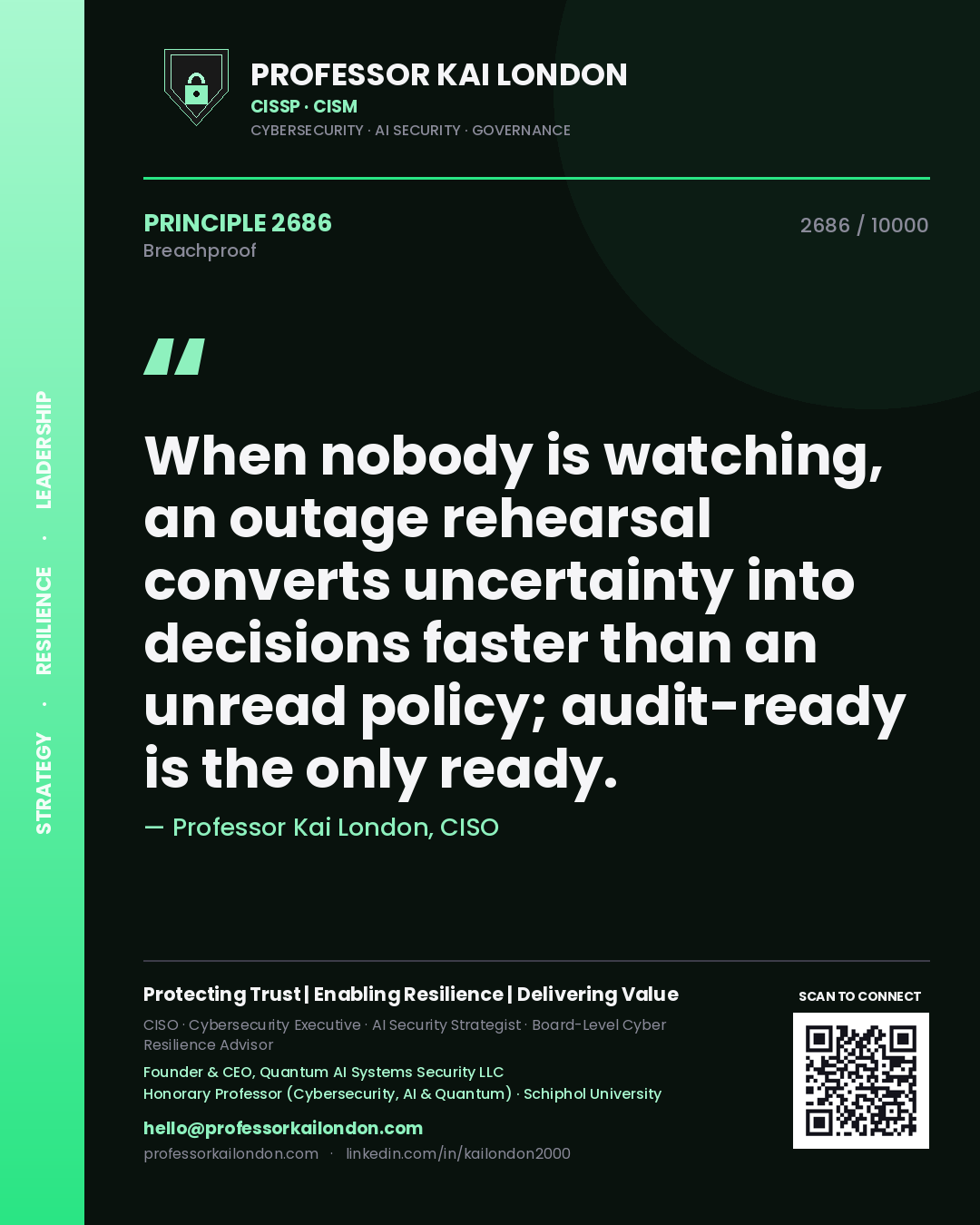 Quote card by Professor Kai London reading 'When nobody is watching, an outage rehearsal converts uncertainty into decisions faster than an unread policy; audit-ready is the only ready.'. From the book Breachproof.